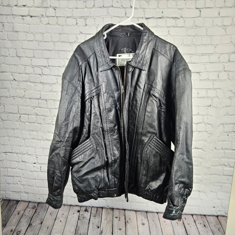Vintage Phase 2 Mens Black Leather Bomber Jacket XL Padded Full Zip Scuffed Cuff